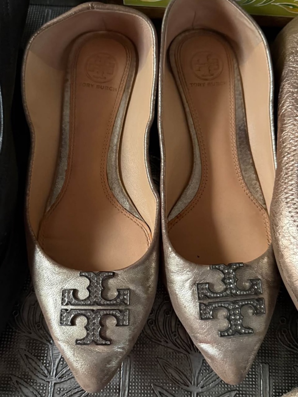Tory Burch Metallic Champagne Pointed-Toe Logo Ballet Flats